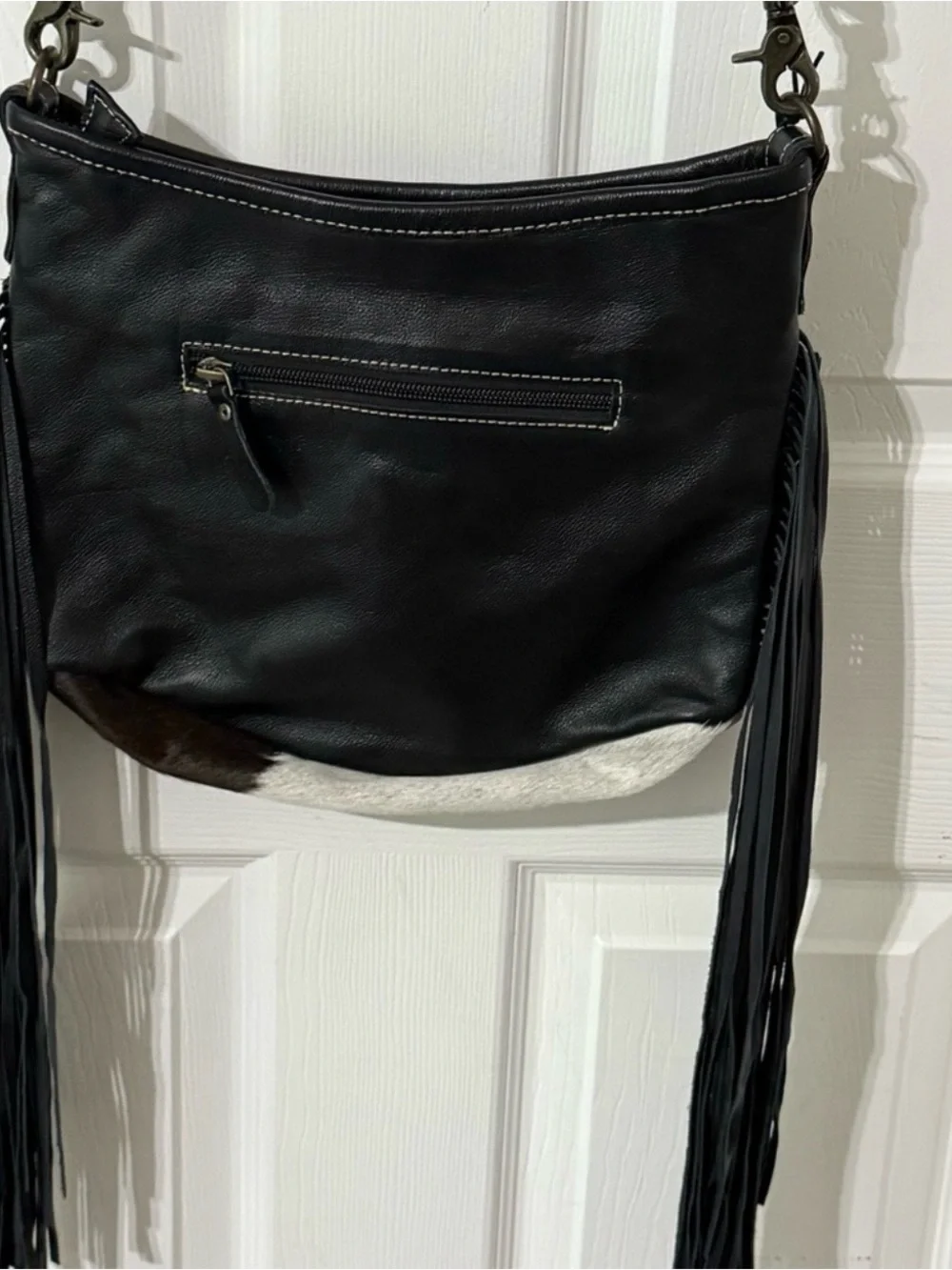 Myra Bag Black, Brown & White Tooled Leather Fringe Crossbody